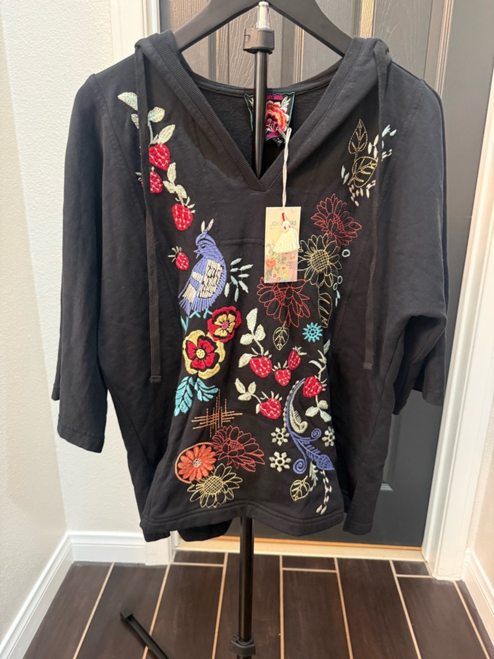 Johnny Was Black Hoodie with Multicolor Floral Embroidery